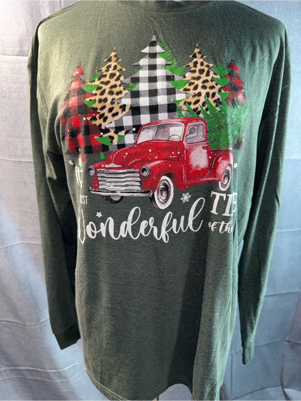 2092-Forest Green Holiday Truck Graphic Long-Sleeve Tee